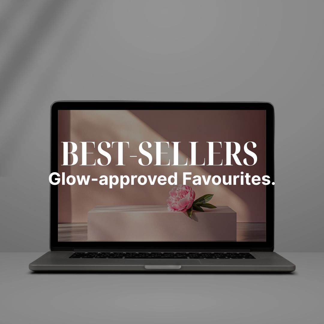 A laptop screen showing a pink podium template. Text reads Best-sellers, glow-approved favourites.
